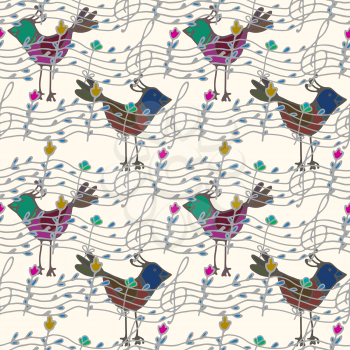 Vector graphic, artistic, stylized image of seamless pattern with musical notes and birdsong
