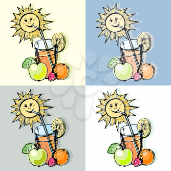 hand drawn, cartoon, sketch illustration of glass of fruit juice and the sun