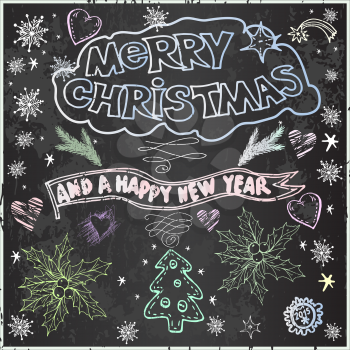 Vector graphic, artistic, stylized image of Hand Drawn Christmas Card  on Chalkboard. Chalk lettering. Set of Christmas elements for design
