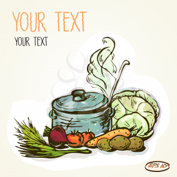 Vector graphic, artistic, stylized  image of a pot of hot soup and vegetables, ingredients for cooking