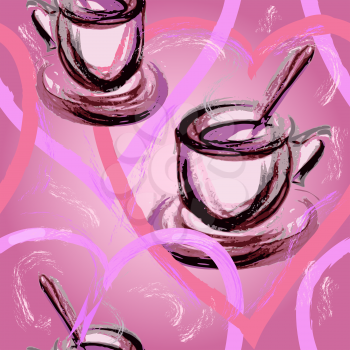 Vector graphic, artistic, stylized image of seamless pattern watercolor with cup of tea, coffee