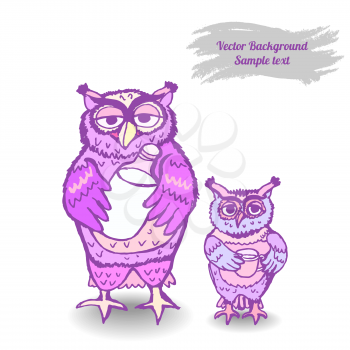 Vector greeting card, background with the image of an owl with a chick. Space for text.
