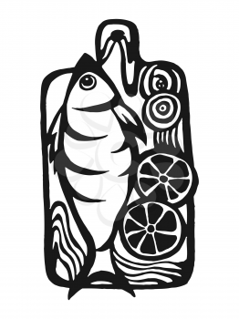 Vector drawing of a kitchen board with a fish on a white background.
logo for the fish menu restaurant.