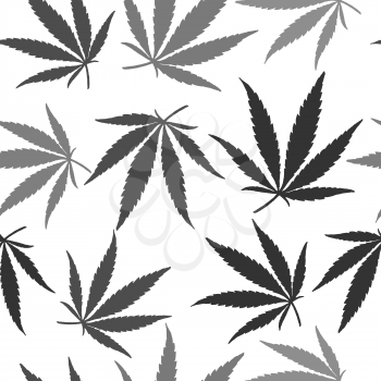 Vector graphics, artistic, stylized  seamless pattern with the image of the leaves of cannabis on a white background.