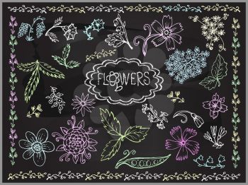 Design elements set of abstract  flowers on blackboard. Decor design greeting cards, wedding invitations, marriage, bridal, birthday. Vector illustration.
