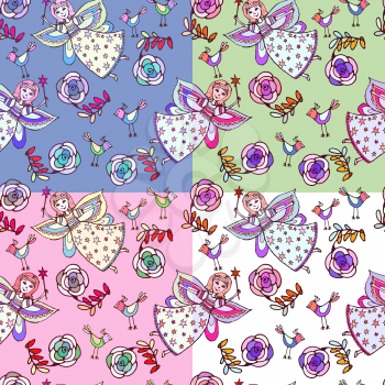 Set of Vector graphics, artistic, stylized  seamless pattern sketch illustration of  fairy with a magic wand with a bird and roses.