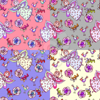 Set of Vector graphics, artistic, stylized  seamless pattern sketch illustration of  fairy with a magic wand with a bird and roses.