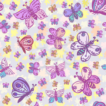 Seamless pattern in pastel colors with beautiful and colorful butterflies. Background can be used for fabric design, wallpaper, wrapping paper, children's clothing, bed linen.