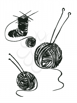 A set of vector drawings yarn ball image and spokes. Sock Knitting.