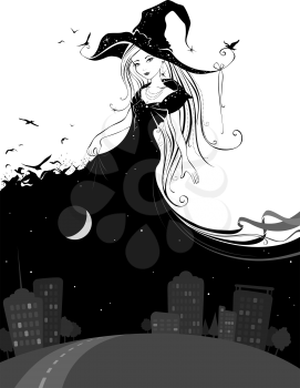 Illustration in black and white colors. She is lady Night. She comes and tisgettingdark. Black cat, black birds, black city and bright moon. And more Can you find a cat on her hat?