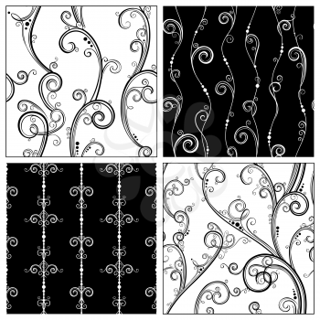 Four seamless textile or wallpaper patterns. Black and white illustration.