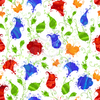 Grunge textile or wallpaper floral pattern with bright red and blue flowers, yellow butterflies on white background.