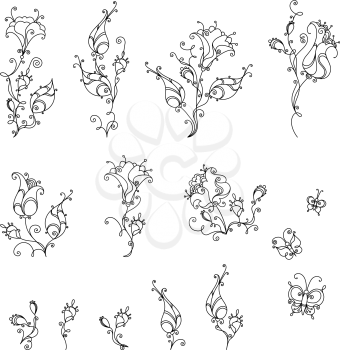 Ornate linear floral design elements for your design isolated on white background.