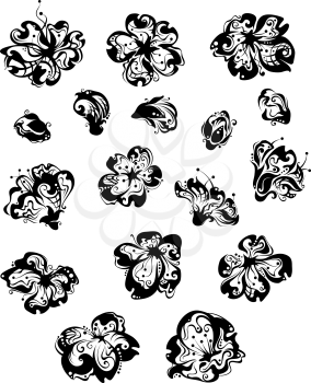Hand-drawn ornate flowers isolated on a white background. Black and white illustration.