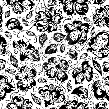 Black and white seamless texture with flowers in bloom for your design.