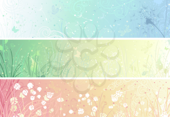 Three banners for your design. Dandelion, flowers, grass, butterflies in pastel colours. There are places for your text.