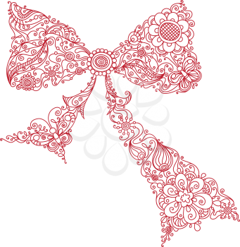 Red bow of floral pattern. Doodles linear illustration isolated on a white background.