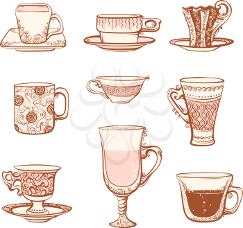 Various ornate cups of tea/coffee. Isolated on white background.