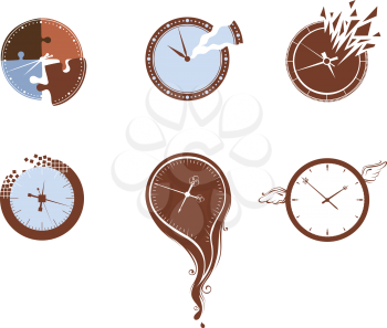 Six various clocks isolated on white background.