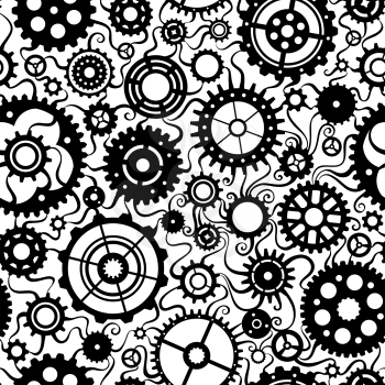 Set of various black gears on white background.