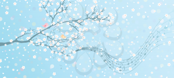 Tree in bloom with notes on its branches. Spring background with place for your text on the right. All elements are on separate layers.