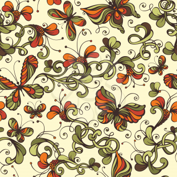Ornate nature background with floral elements and butterflies.