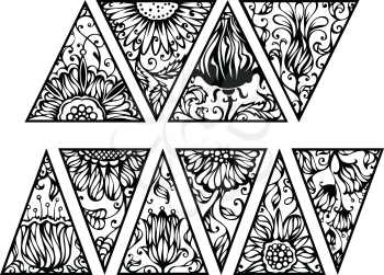 Vector triangles with floral ornament isolated on white background.