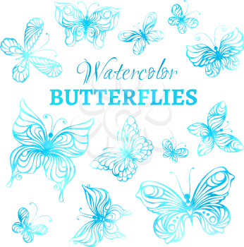 Blue watercolor butterflies isolated on white background.