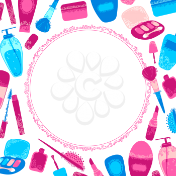 Hand-drawn elements of make-up and cosmetics with vintage ornament. There is place for your text in the center.