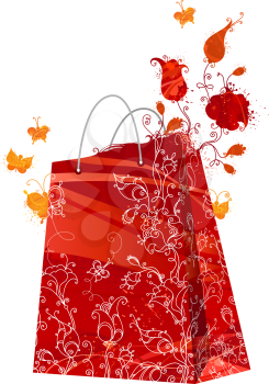 Red watercolor flowers grow out of a red shopping bag. Grunge illustration.