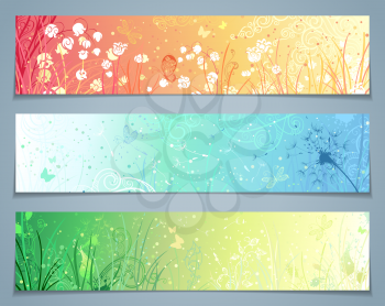Three templates for your design. Dandelion, flowers, grass, butterflies in pastel colours. There are places for your text.