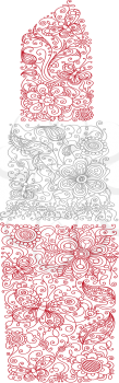 Illustration with linear flowers, leaves and butterflies isolated on white background.