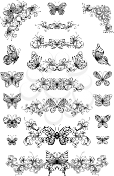 Vintage nature page dividers and decorations with butterflies isolated on white background. Ornate elements for your design.