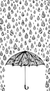 Ornate rainy drops and umbrella on white background. There is place for your text.