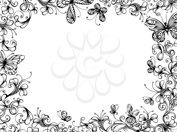 Hand-drawn floral frame with butterflies on white background. There is place for your text in the center.