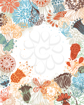 Ornate flowers and butterflies on white background. There is place for your text in the center.