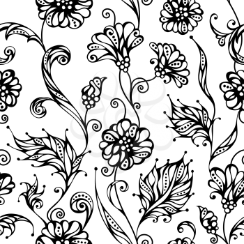 Ornate black and white background with flowers and leaves for your design.