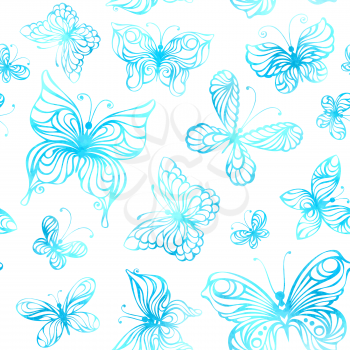 Blue butterflies on white background. Vector illustration.