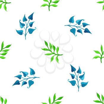 Nature background. Blue and green watercolor leaves on white background.