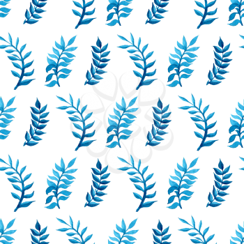 Nature background. Blue and green watercolor leaves on white background.