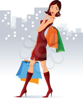 Illustration of brunette with purchases in hands. 