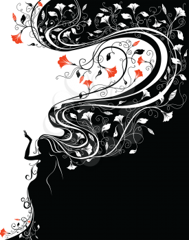 Black and red illustration with hair patterned with flowers.