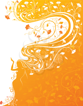 Bright orange illustration with hair patterned with flowers.