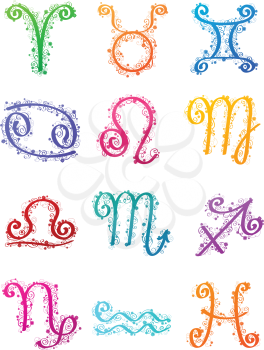 Many-colored zodiac signs isolated on a white background. 