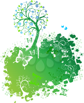 Green design with tree, flowers, butterflies and place for your text.