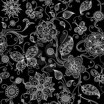 Black and white floral pattern with butterflies for your design. 