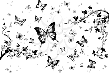 Floral black and white background with butterflies. 