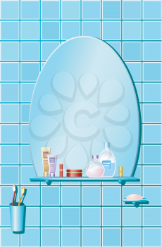 Vector illustrations of bathroom in blue design with cosmetics and beauty products.