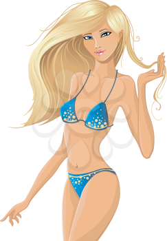 Sexy smiling girl in bikini with long hair.