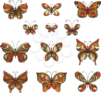 Hand-drawn ornate butterflies isolated on white background.